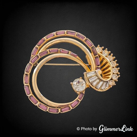 MCM Purple & Clear Rhinestone Brooch | BB Signed | Gold Tone Double Circle Retro - Picture 1 of 7